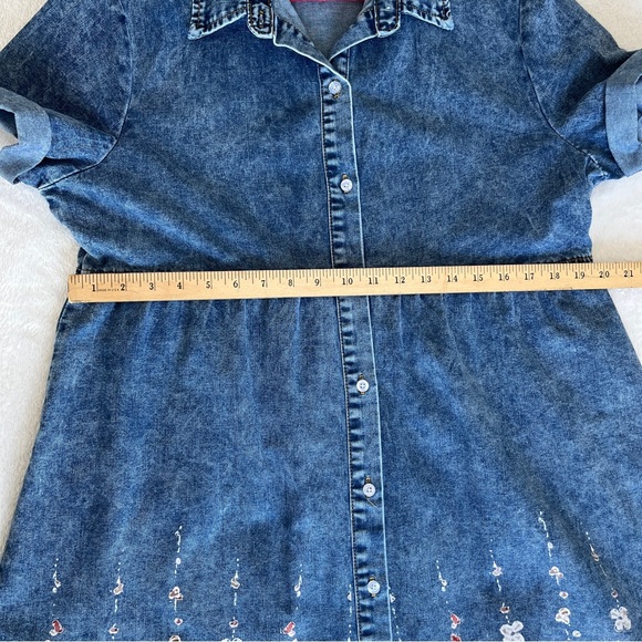 Denim Knee Length Dress Women Floral Short Sleeve Large Button Up Chambray - Picture 5 of 9